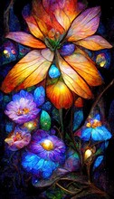 Colorful Multicolored Bright Picture. Painted Bright Butterfly And Flowers. Abstract Colorful Background.