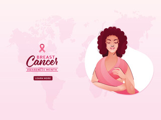 Sticker - Breast Cancer Awareness Month Concept With Young Woman Wore Pink Ribbon, Breast Cancer Awareness Symbol on World Map Background.