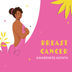 Poster - Breast Cancer Awareness Month October, Young Woman Wore Pink Ribbon, Breast Cancer Awareness Symbol and Space for your text.