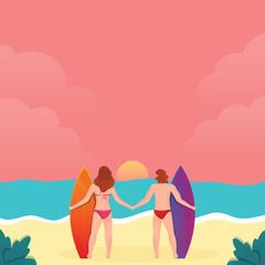 Sticker - Back View Of Swimmer Man And Woman Holding Surfboard On Sunrise Beach Background.