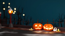 3D Render Of Pumpkins, Witch Hat, Human Skull, Evil Eye And Lantern On Dark Night Background With Space For Your Text.