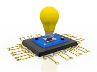 Poster - 3d rendering cfl bulb on latest computer microchips