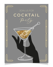 Outline Illustration Of Woman's Hand Holding Cocktail Glass, Vector. Invitation For Party Template. Line Art Martini Glass. Art Deco Concept Design. Event, Party, Presentation, Promotion, Menu.