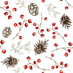 Wall Mural - Christmas seamless pattern, red berries, twigs, cones, white background. Vector illustration. Nature design. Season greeting. Winter Xmas holidays