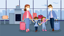Family Members Of Passengers Who Use Medical Masks Stand Waiting For Their Flight In Airport. Travellers And Cartoon Passengers Concepts. Family In Protection Masks In Airport. Vector Illustration.