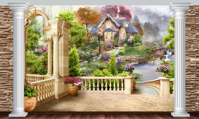 view from the terrace of the fairy-tale house. digital mural, photo wallpaper on the wall.