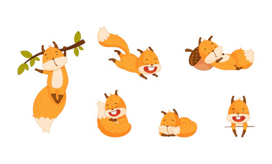 Wall Mural - Funny Orange Squirrel Character with Bushy Tail Engaged in Different Activity Vector Set