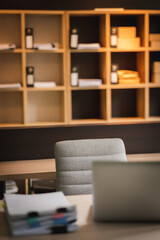 Poster - closeup Office business workplace with laptop on desk computer background document on table copy space workspace creative design books, modern interior .