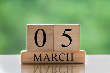 March 5 calendar date text on wooden blocks with blurred park background. Copy space and calendar concept