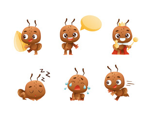 Wall Mural - Cute Little Ant Character with Antennae Engaged in Different Activity Vector Set