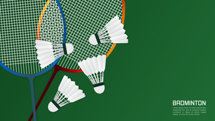 Badminton racket with white badminton shuttlecock on white line on green background badminton court indoor badminton sports wallpaper with copy space  ,  illustration Vector EPS 10