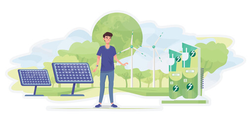 Landscape with solar panels, charging stations for electric cars and wind turbines. Green industry. Eco friendly concept. Environmental protection. Renewable energy.