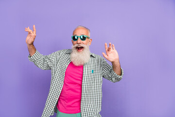 Sticker - Photo of satisfied overjoyed aged person enjoy partying dance make moves isolated on violet color background