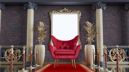 Wall Mural - 3D render of red armchair with red carpet and gold barriers, red armchair on classic column architecture background