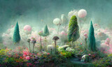 Fototapeta  - dreamy surreal fantasy landscape , lush vegetation and flowers, pastel colours, desaturated, digital illustration