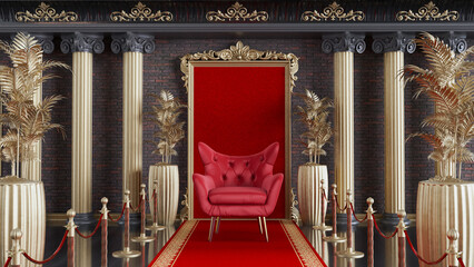 Wall Mural - 3D render of red armchair with red carpet and gold barriers, red armchair on classic column architecture background