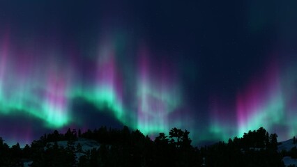 beautiful green and red aurora dancing over the hills.