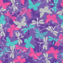 Pretty Seamless Vector Butterfly And Dragonfly Pattern In A Lovely, Bright Color Scheme. Perfect For Young Girls. Vector Illustration