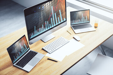 Modern computer monitor with abstract creative financial chart, research and strategy concept. 3D Rendering