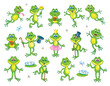 Collection of funny frogs in various poses and situations. In cartoon style. Isolated on white background. Vector illustration
