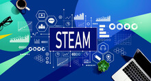 STEAM Concept STEAM With A Laptop Computer On A Blue And Green Pattern Background