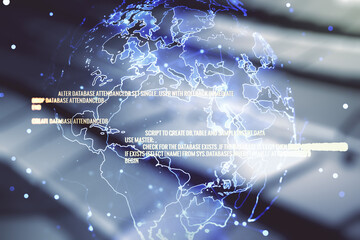 Poster - Abstract virtual coding illustration and world map on abstract metal background, international software development concept. Multiexposure