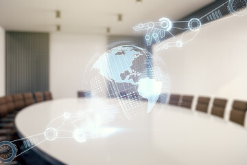 Aufkleber - Abstract virtual robotics technology hologram with globe sketch on a modern conference room background. Robot development and automation concept. Multiexposure
