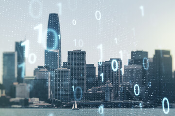 Aufkleber - Double exposure of abstract virtual binary code hologram on San Francisco city skyscrapers background. Database and programming concept