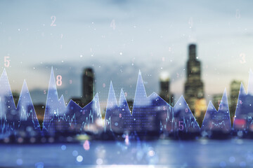 Aufkleber - Multi exposure of abstract virtual graphic data spreadsheet sketch on blurry skyscrapers background, analytics and analysis concept