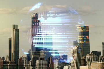 Aufkleber - Abstract virtual coding concept and world map hologram on New York city skyline background. Multiexposure