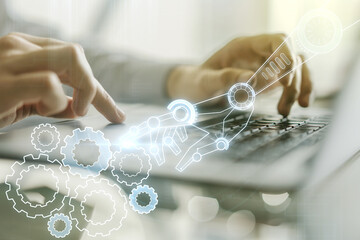 Aufkleber - Double exposure of robotics technology hologram and hands typing on laptop on background. Research and development software concept