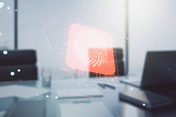Aufkleber - Multi exposure of abstract graphic fingerprint sketch and modern desktop with pc on background, fingerprint scan data concept