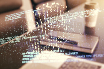Poster - Creative code skull hologram on modern computer background, cybercrime and hacking concept. Multiexposure
