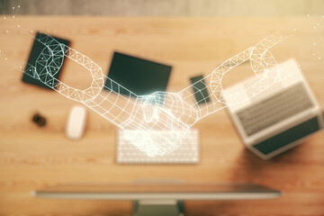 Poster - Creative abstract block chain technology sketch with handshake on modern laptop background, future technology and blockchain concept. Double exposure