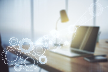 Aufkleber - Creative abstract robotics technology sketch on modern laptop background, future technology and AI concept. Double exposure