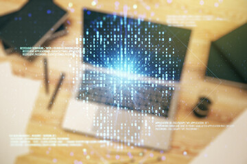 Poster - Double exposure of creative code skull hologram on laptop background. Malware and cyber crime concept