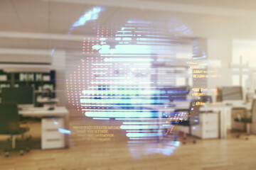 Aufkleber - Abstract virtual coding illustration and world map on a modern furnished classroom background, international software development concept. Multiexposure