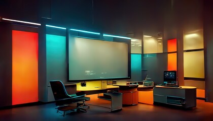 Poster - Composite image of computer in front of window in office.