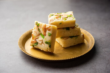 Milk powder barfi also known as Mava burfi, white Khoya burfi or Barfee, Indian Sweet food