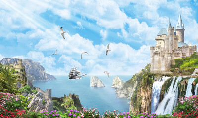 Digital mural. View of a mountain waterfall with old castles. Photo wallpapers.