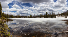 Panoramic View Lake Surrounded By Mountains And Trees In Amercian Landscape. Spring Season. Mirror Lake. Hanna, Utah. United States. Nature Background Panorama