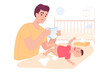 Cartoon father changing diaper of crying baby. Young man taking care of little child flat vector illustration. Parenting, fatherhood, baby care concept for banner, website design or landing web page