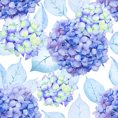 Seamless floral pattern of bouquets of blue-yellow and lilac hydrangea with leaves on white background. Botanical background. Hand drawn watercolor illustration.