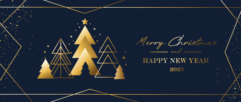 Wall Mural - Merry Christmas Luxury design template with abstract geometric shapes and golden trees. Elegant holiday vector illustration for invitation, banner, greeting card, party. Navy and gold Xmas template