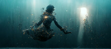 Woman Dive Underwater To See A Mysterious Light Under Digital Art Illustration Painting Hyper Realistic