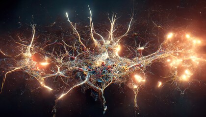 A 3D illustration of a neuron connecting to each other and had a gold light