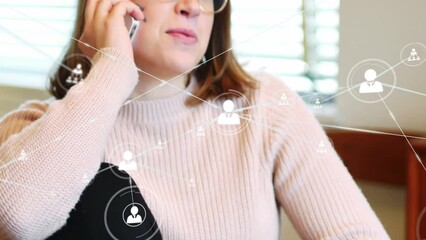 Poster - Animation of profile icons connecting with lines over beautiful caucasian woman talking on phone