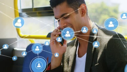Poster - Animation of profile icons connecting with lines over young asian man talking on cellphone in train