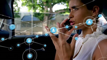 Poster - Animation of profile icons connecting with lines over caucasian woman talking on cellphone in car