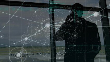 Poster - Animation of dots connecting with lines, globe and text over silhouette businessman talking on phone